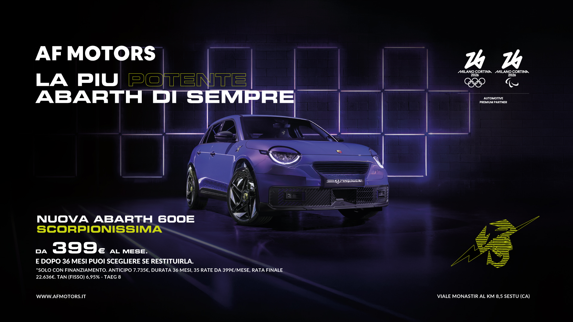 Promo Abarth 600e Cagliari - Richiedi un preventivo da AF Motors, l'Abarth 600e può essere tua da soli 399 euro al mese.