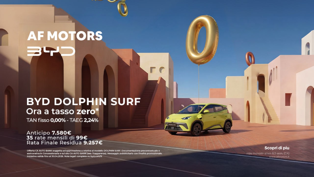 Promozione del modello BYD Dolphin Surf in Concessionaria AF Motors a Cagliari in Viale Monastir al km 8.5, la Dolphin Surf è disponibile ad Aprile a tasso zero con tan fisso 0,00% e team 2,24%